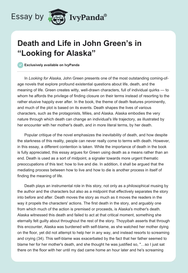Death and Life in John Green’s in “Looking for Alaska”. Page 1