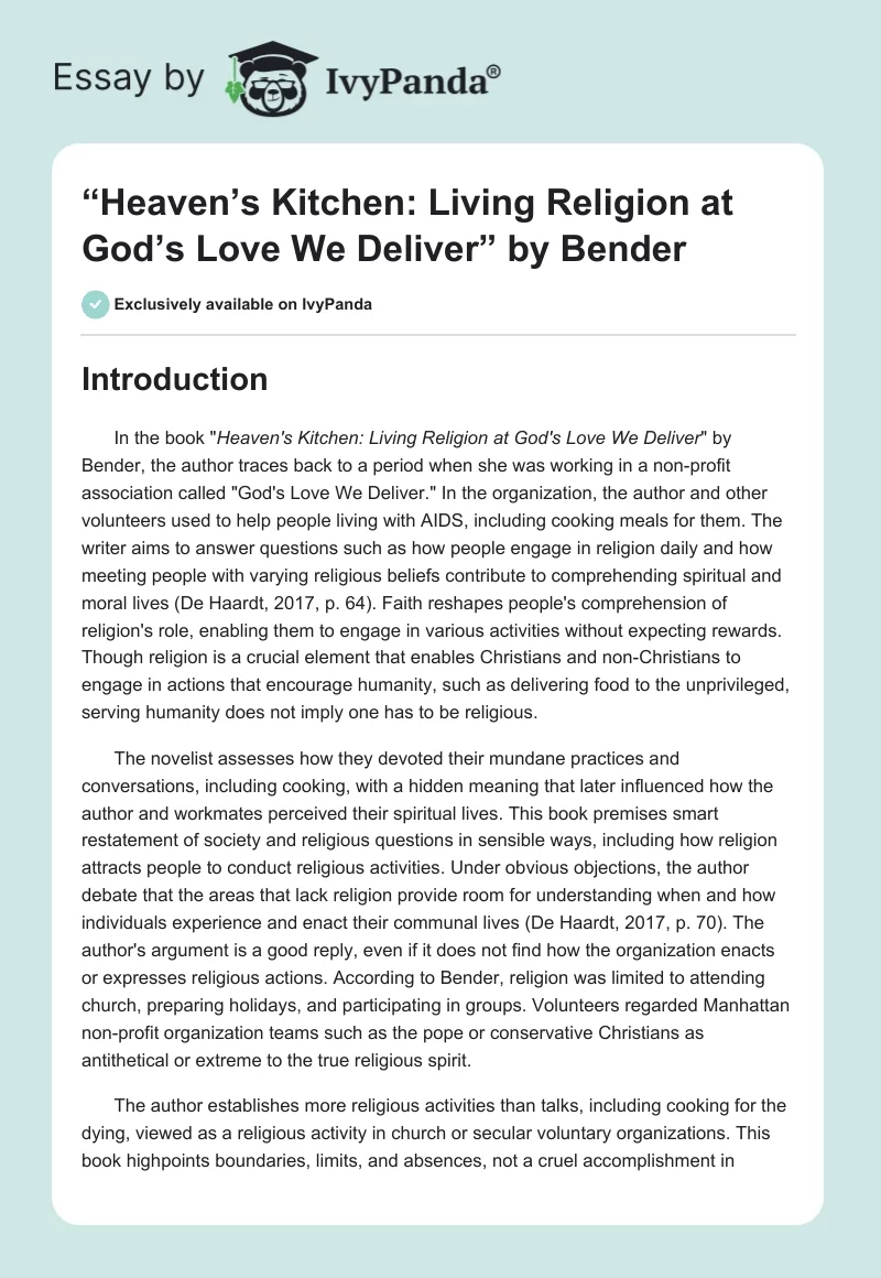 “Heaven’s Kitchen: Living Religion at God’s Love We Deliver” by Bender. Page 1