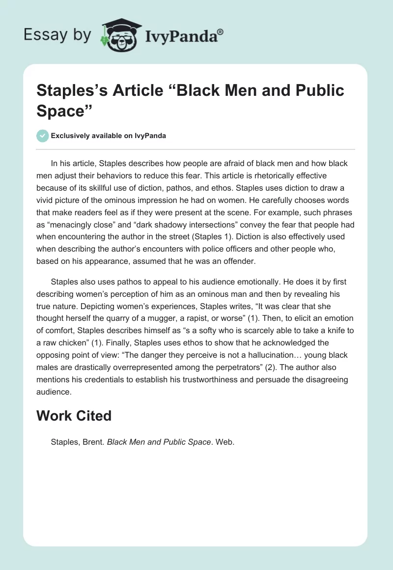 Staples’s Article “Black Men and Public Space”. Page 1