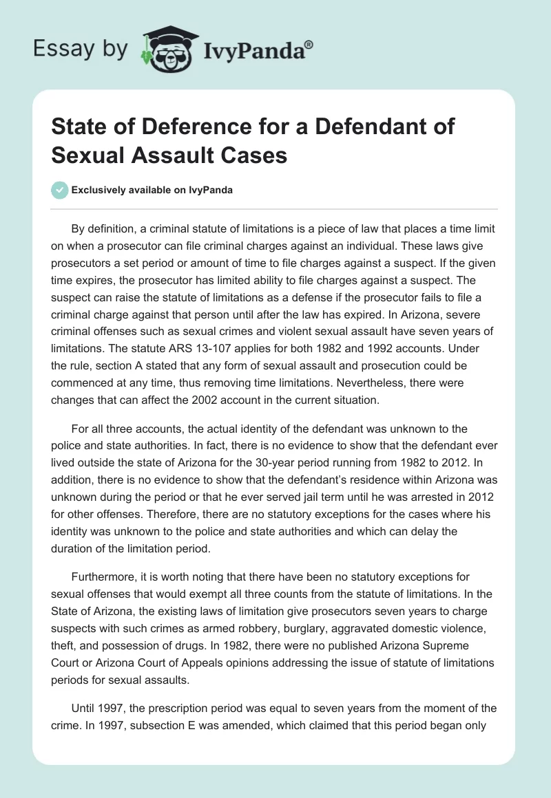 State of Deference for a Defendant of Sexual Assault Cases. Page 1
