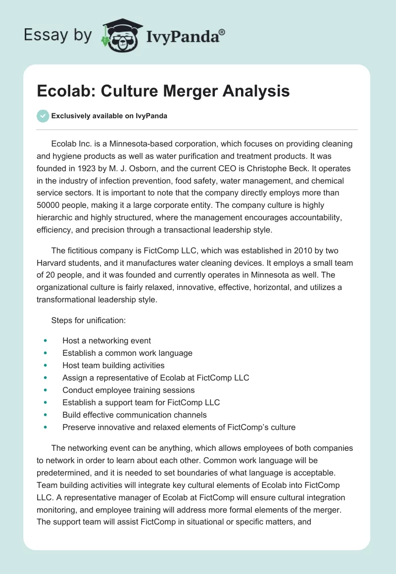 Ecolab: Culture Merger Analysis. Page 1
