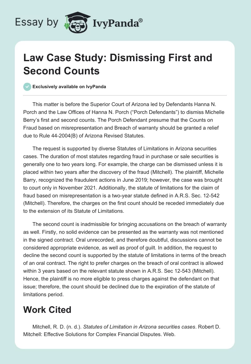 Law Case Study: Dismissing First and Second Counts. Page 1