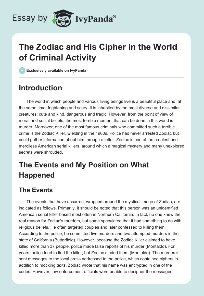 The Zodiac and His Cipher in the World of Criminal Activity. Page 1