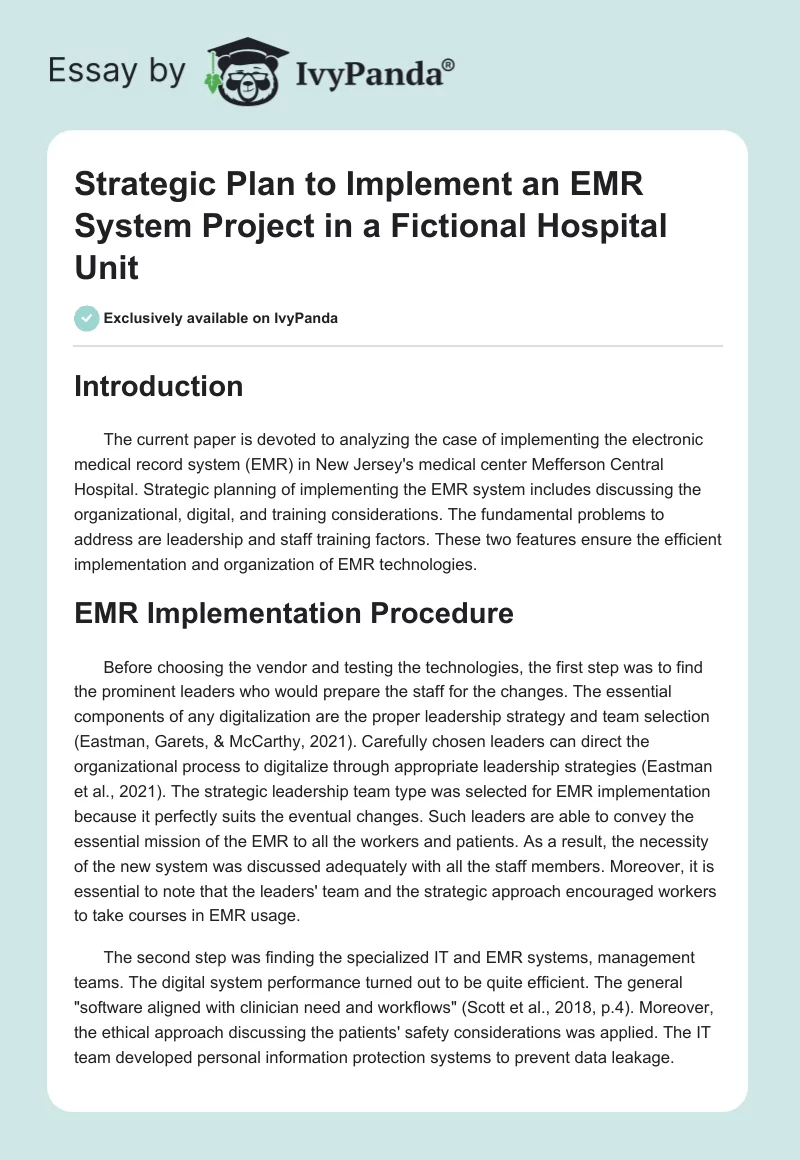 Strategic Plan to Implement an EMR System Project in a Fictional Hospital Unit. Page 1