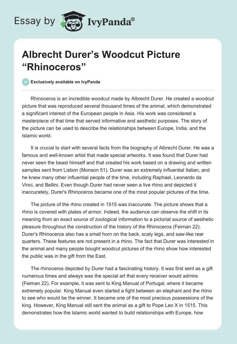 Albrecht Durer’s Woodcut Picture “Rhinoceros”. Page 1