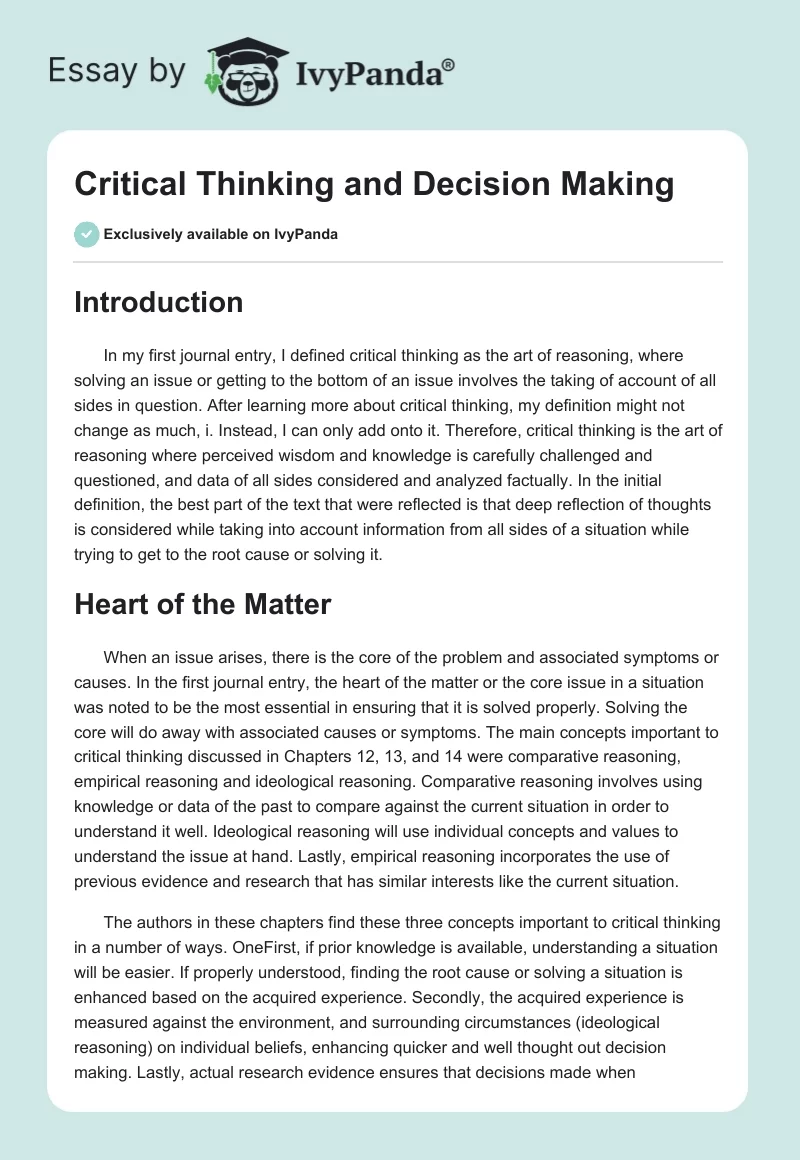 Critical Thinking and Decision Making. Page 1