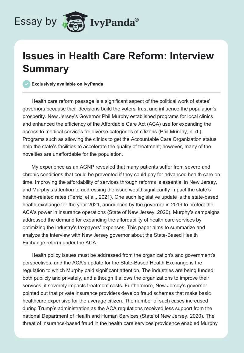 Issues in Health Care Reform: Interview Summary. Page 1