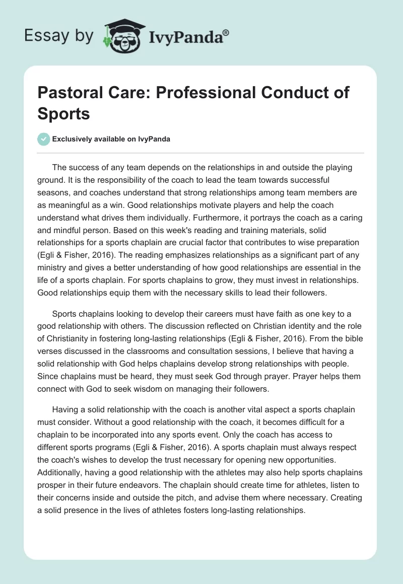 Pastoral Care: Professional Conduct of Sports. Page 1