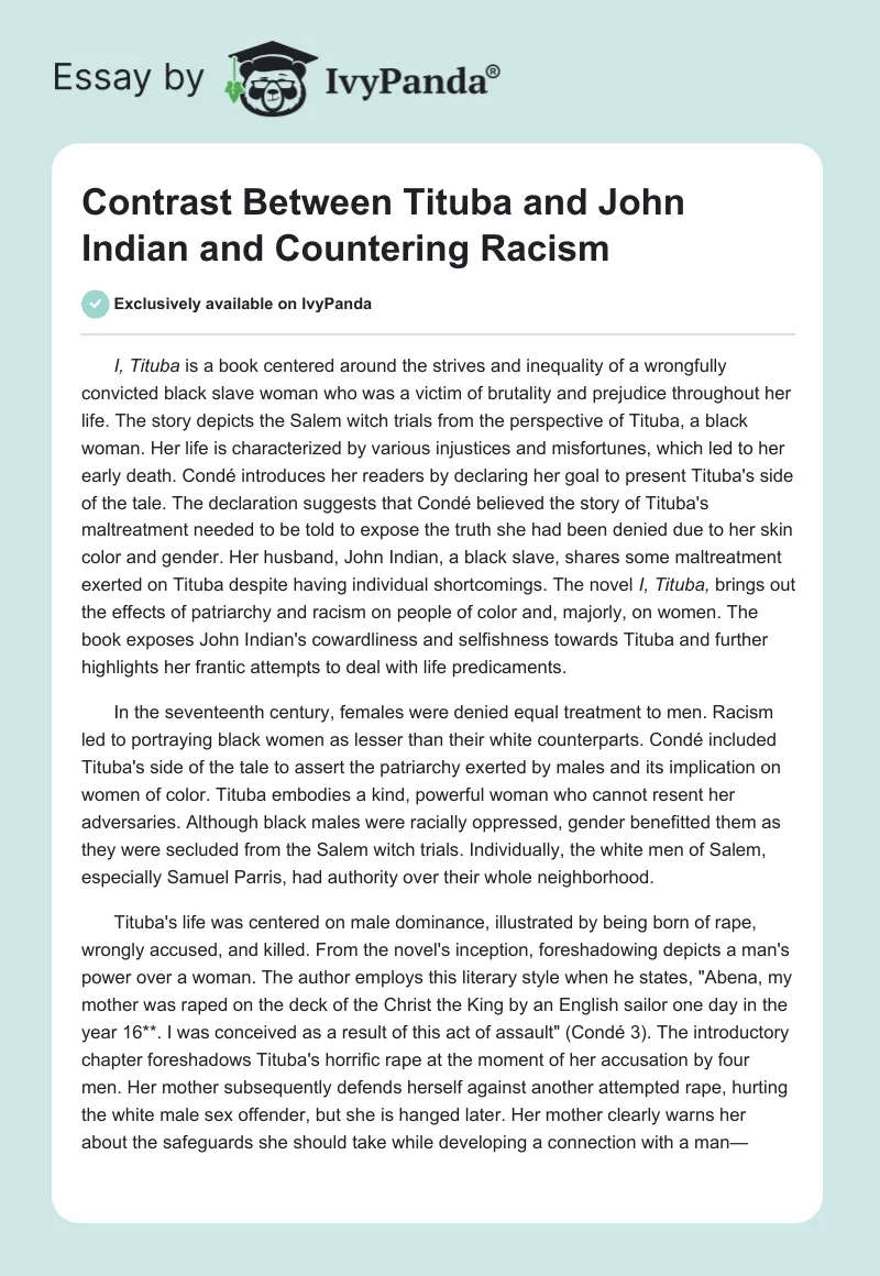 Contrast Between Tituba and John Indian and Countering Racism. Page 1