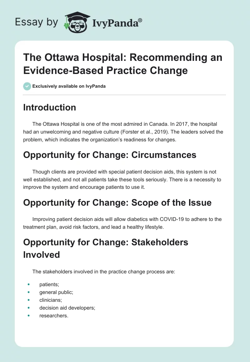The Ottawa Hospital: Recommending an Evidence-Based Practice Change. Page 1