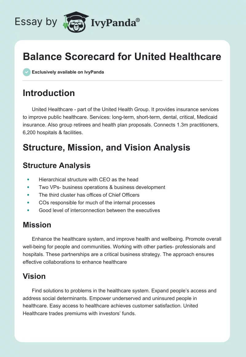 Balance Scorecard for United Healthcare. Page 1