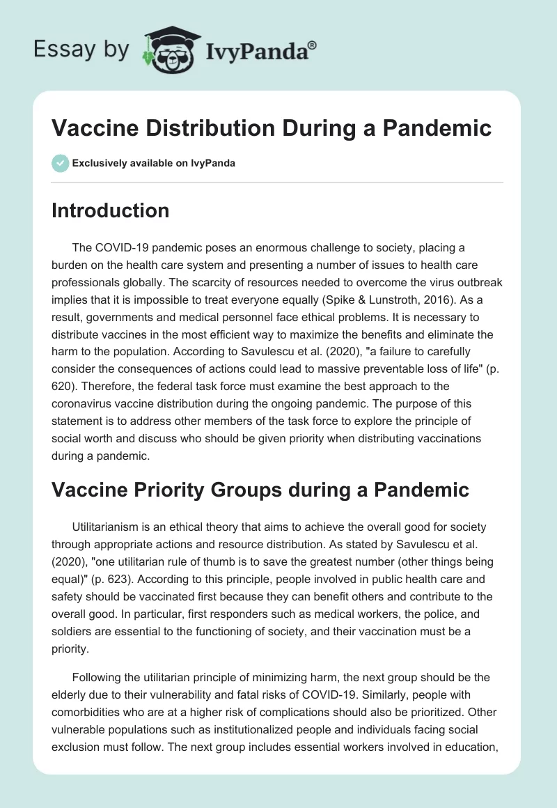 Vaccine Distribution During a Pandemic. Page 1