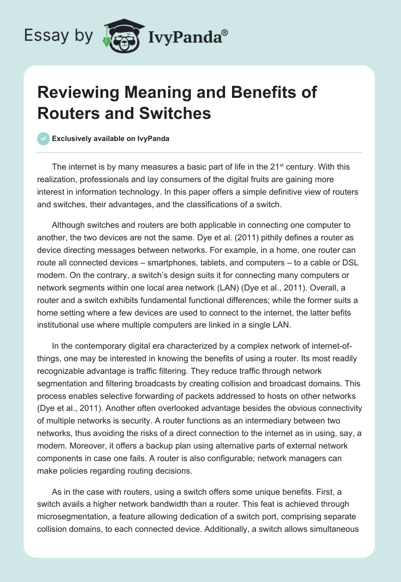 Reviewing Meaning and Benefits of Routers and Switches. Page 1