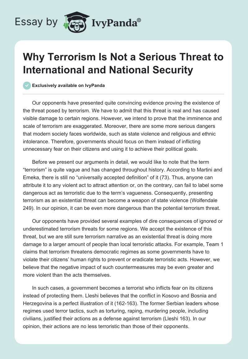 Why Terrorism Is Not a Serious Threat to International and National Security. Page 1