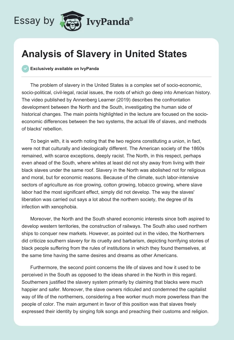 Analysis of Slavery in United States. Page 1
