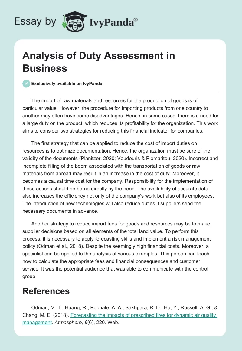 Analysis of Duty Assessment in Business. Page 1