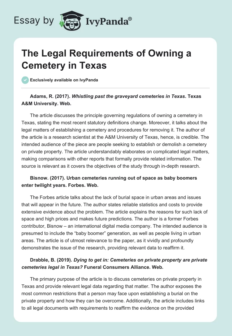 The Legal Requirements of Owning a Cemetery in Texas. Page 1