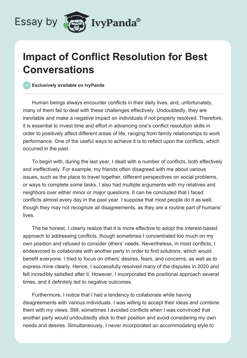 Impact of Conflict Resolution for Best Conversations. Page 1