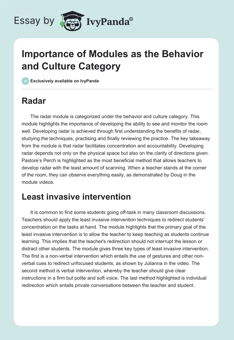 Importance of Modules as the Behavior and Culture Category. Page 1