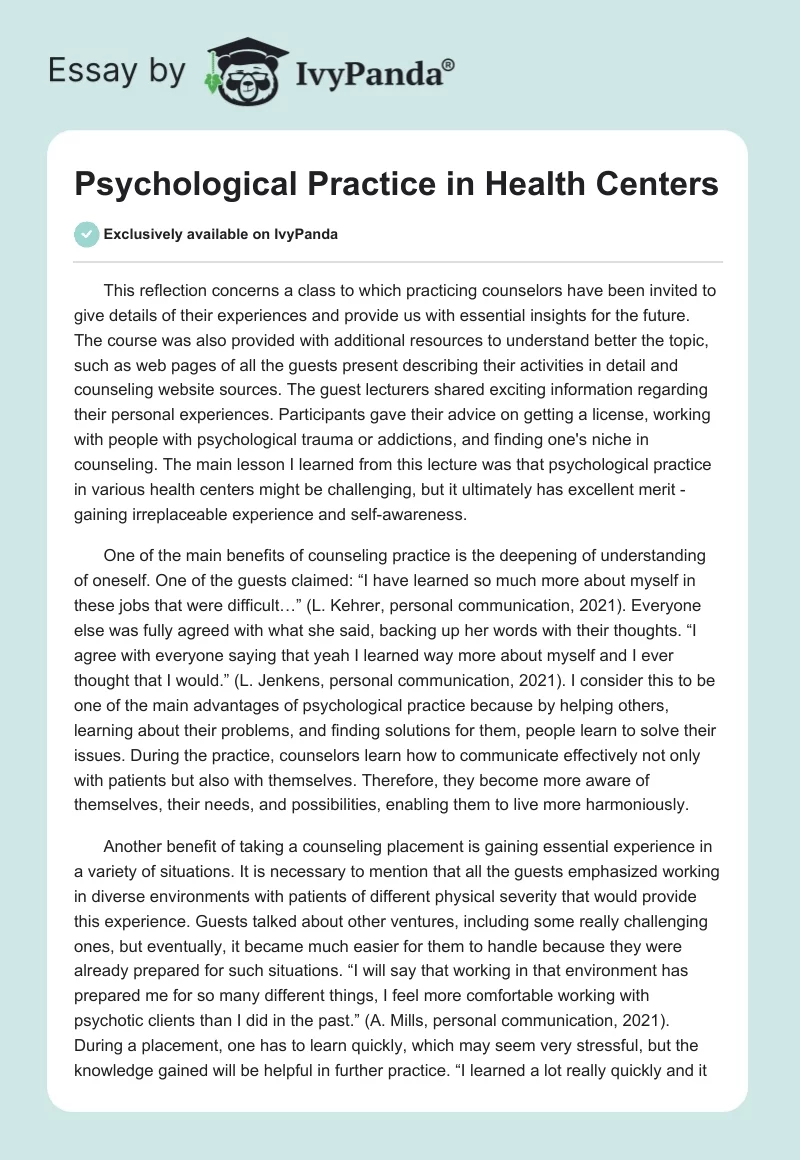 Psychological Practice in Health Centers. Page 1