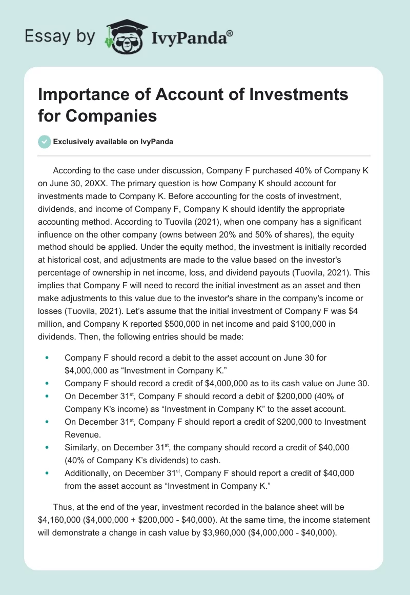 Importance of Account of Investments for Companies. Page 1