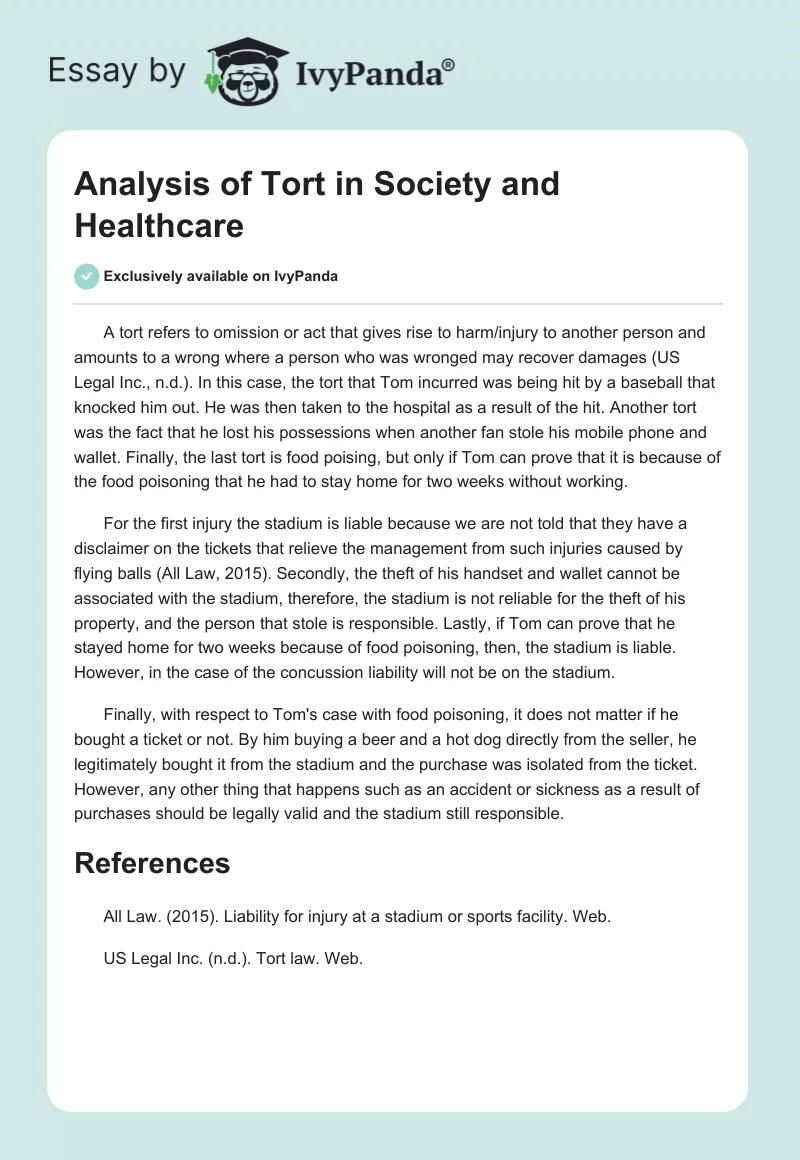 Analysis of Tort in Society and Healthcare. Page 1