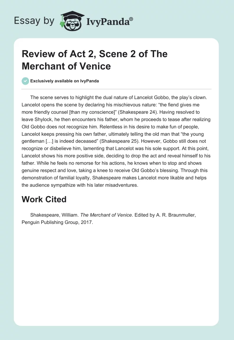 Review of Act 2, Scene 2 of "The Merchant of Venice". Page 1