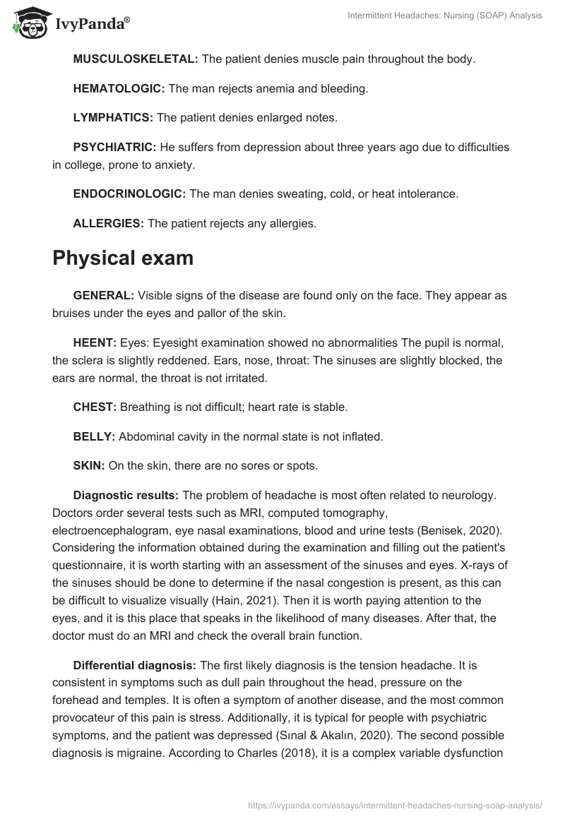 Intermittent Headaches: Nursing (SOAP) Analysis. Page 3