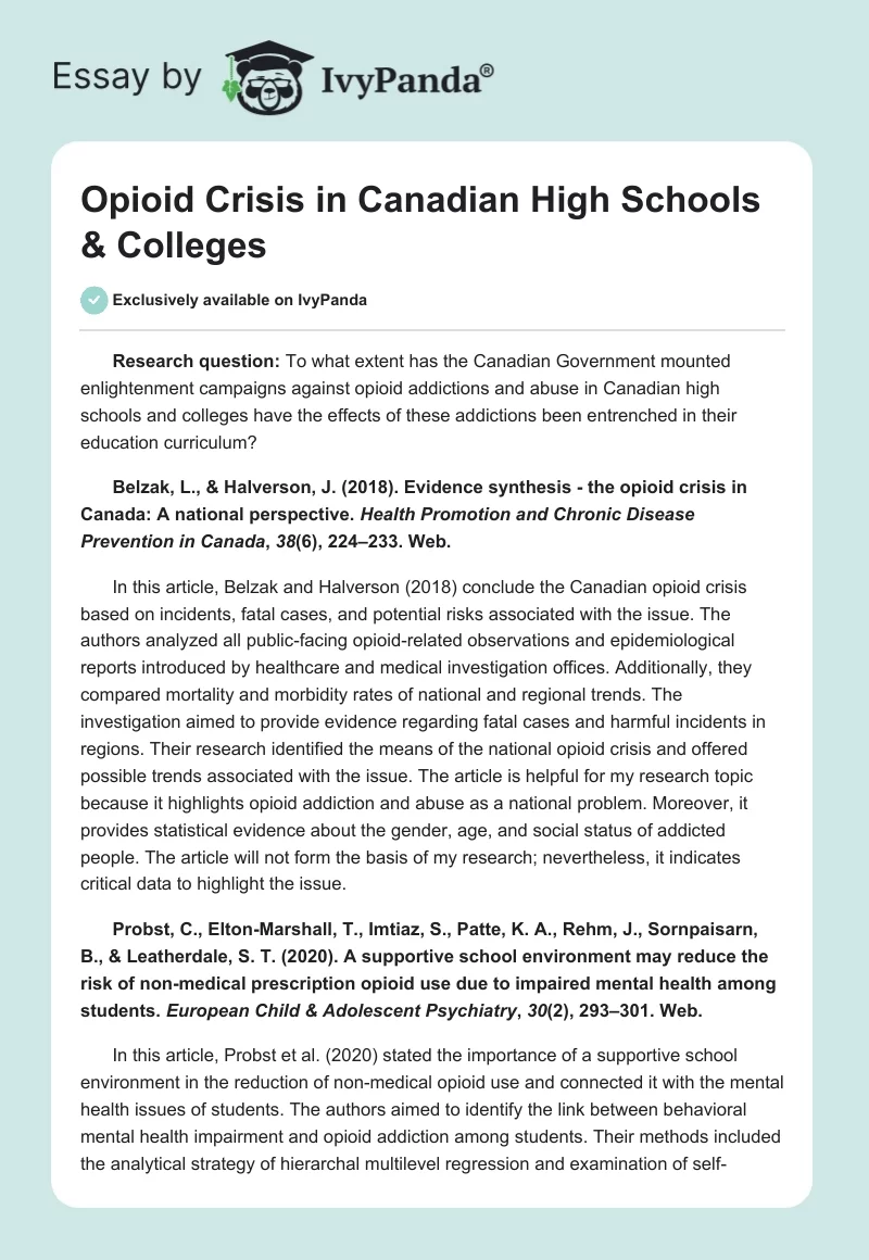 Opioid Crisis in Canadian High Schools & Colleges. Page 1