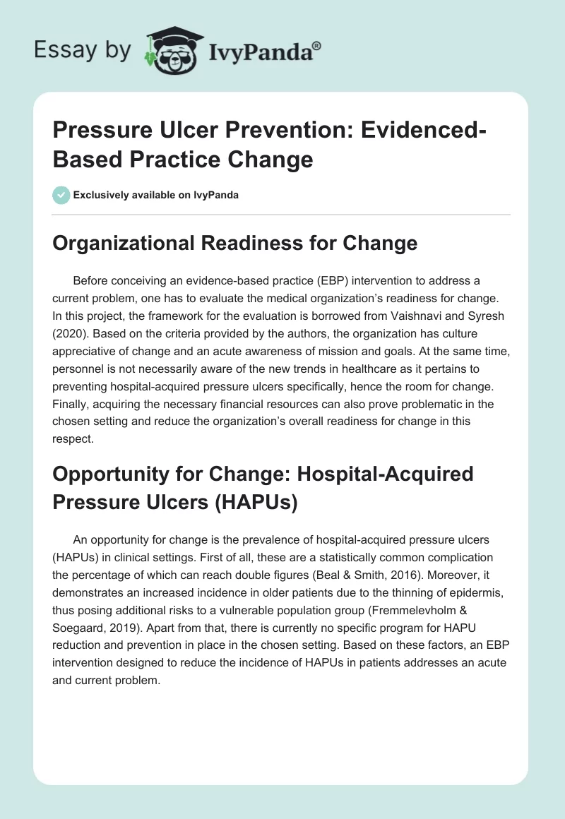 Pressure Ulcer Prevention: Evidenced-Based Practice Change. Page 1