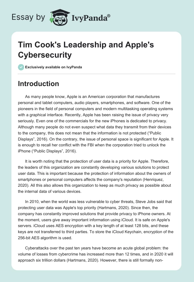 Tim Cook's Leadership and Apple's Cybersecurity. Page 1