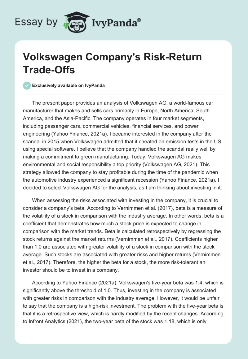 Volkswagen Company's Risk-Return Trade-Offs. Page 1