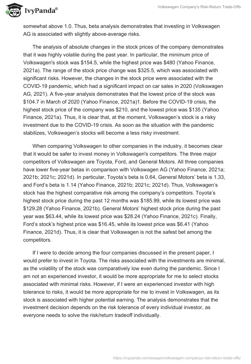 Volkswagen Company's Risk-Return Trade-Offs. Page 2