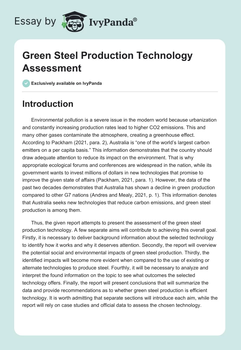 Green Steel Production Technology Assessment. Page 1