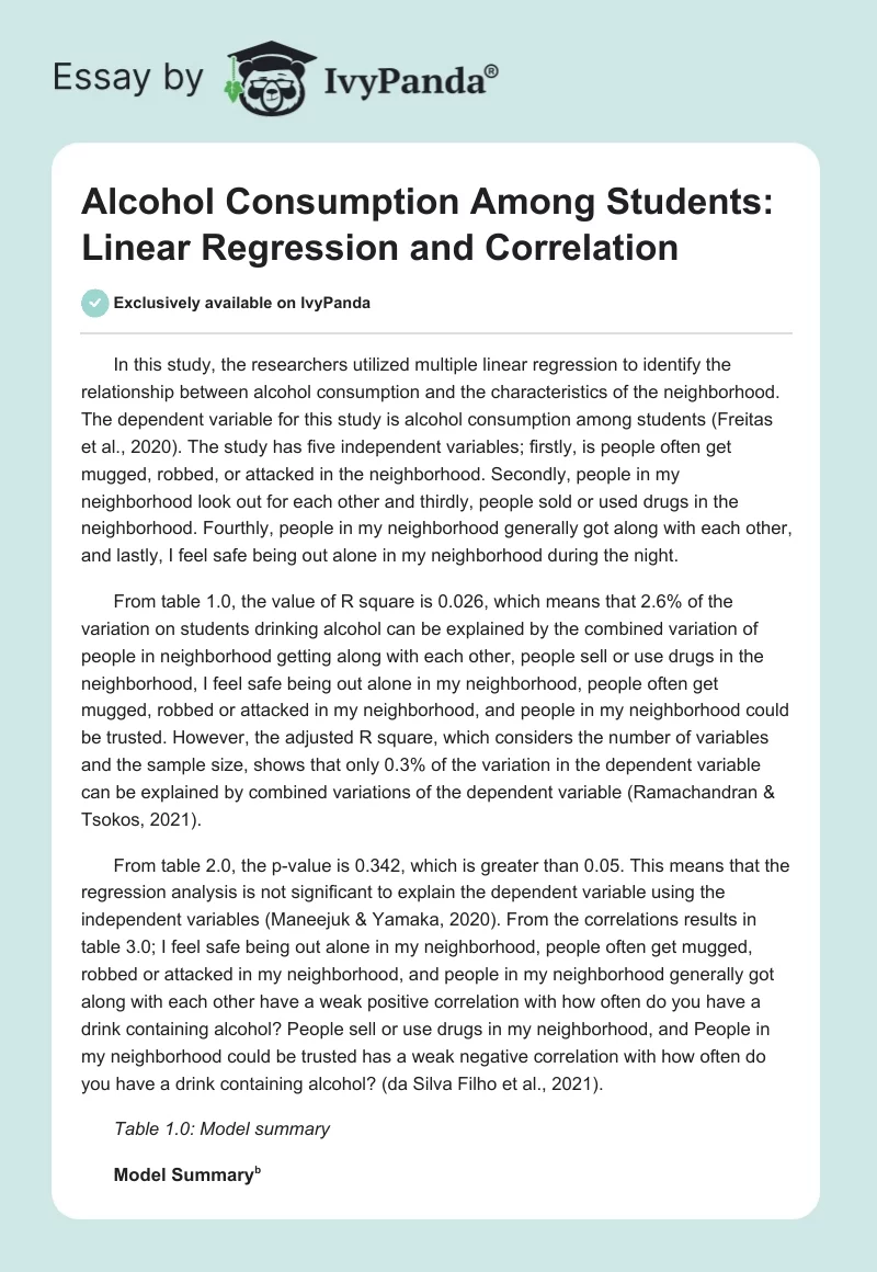 Alcohol Consumption Among Students: Linear Regression and Correlation. Page 1