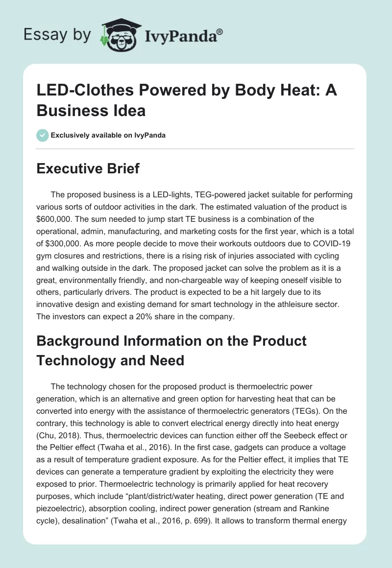LED-Clothes Powered by Body Heat: A Business Idea. Page 1