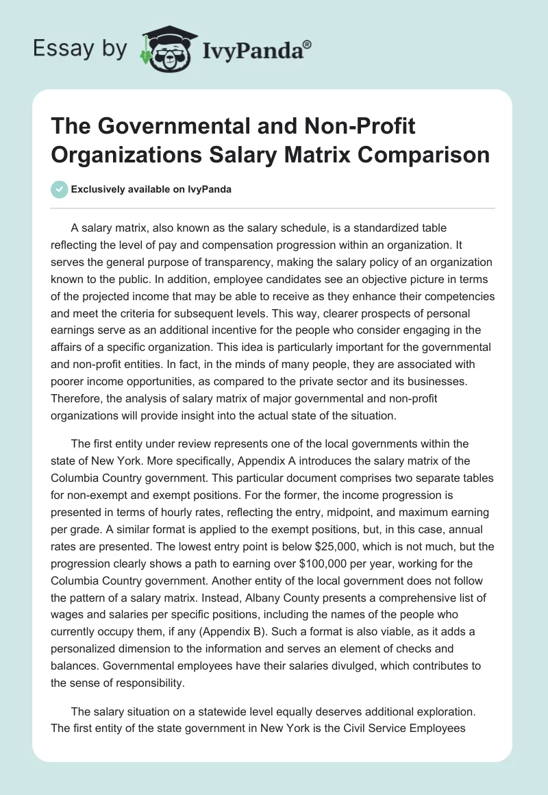 The Governmental and Non-Profit Organizations Salary Matrix Comparison. Page 1