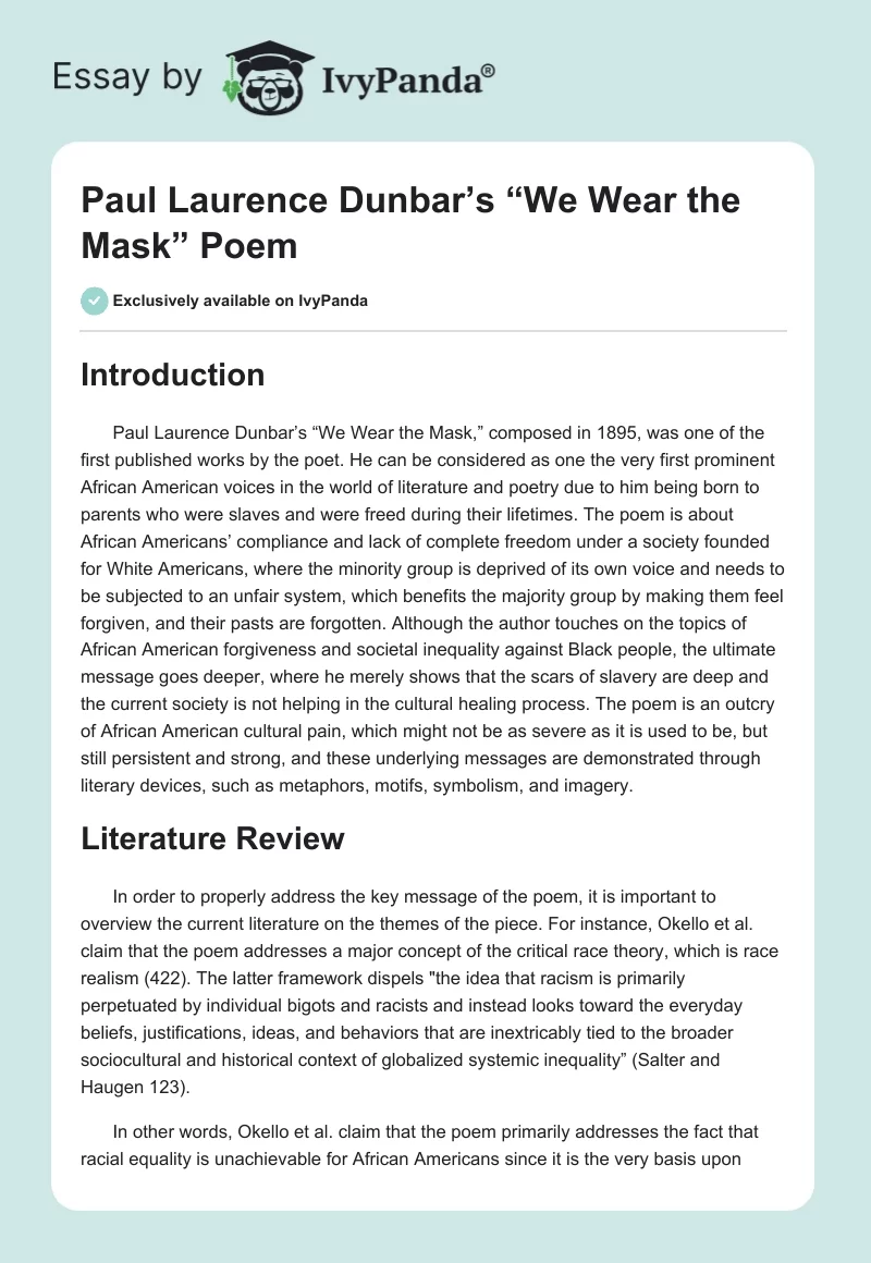 Paul Laurence Dunbar’s “We Wear the Mask” Poem. Page 1