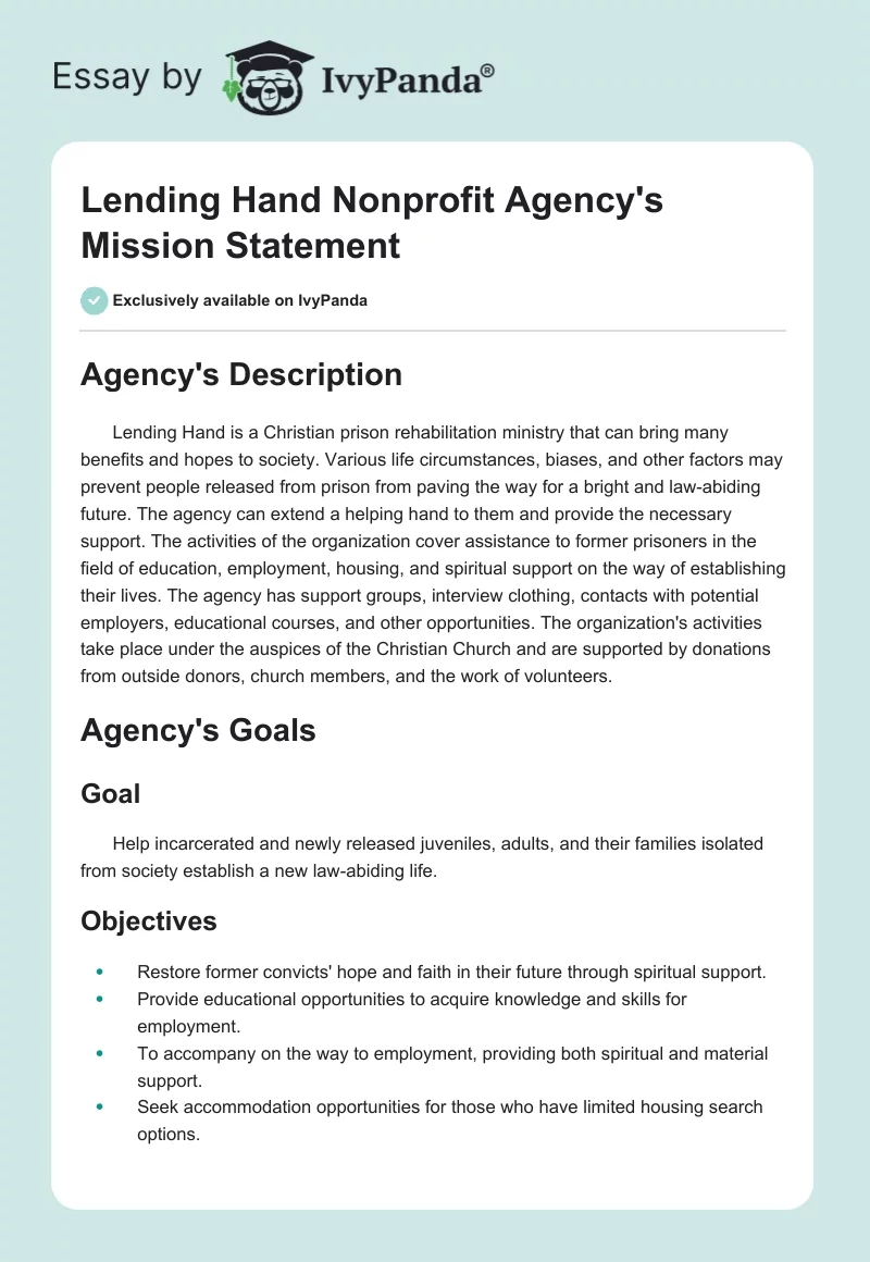 Lending Hand Nonprofit Agency's Mission Statement. Page 1