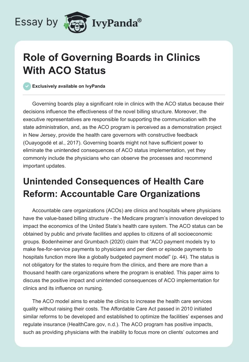 Role of Governing Boards in Clinics With ACO Status. Page 1