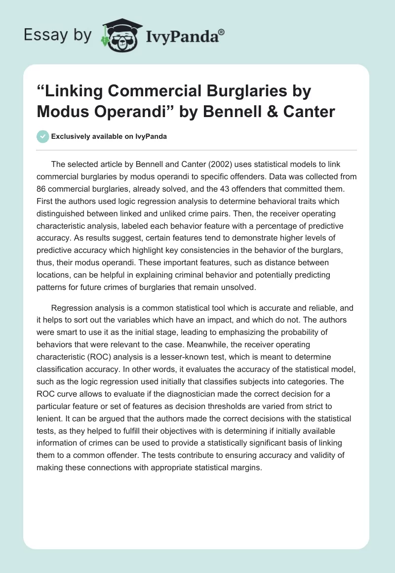 “Linking Commercial Burglaries by Modus Operandi” by Bennell & Canter. Page 1