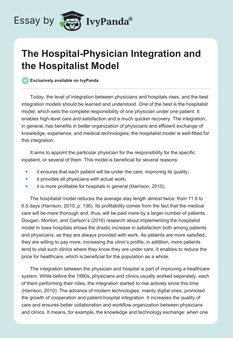 The Hospital-Physician Integration and the Hospitalist Model. Page 1
