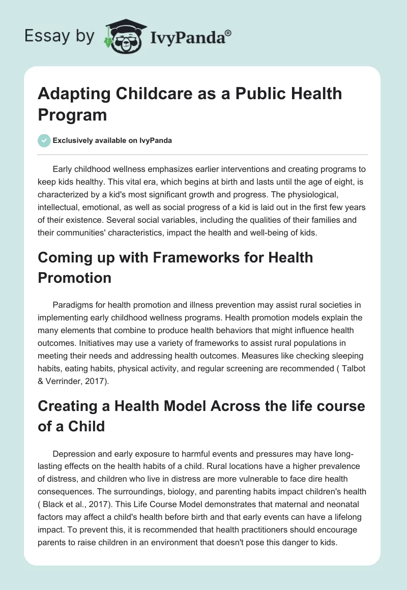 Adapting Childcare as a Public Health Program. Page 1