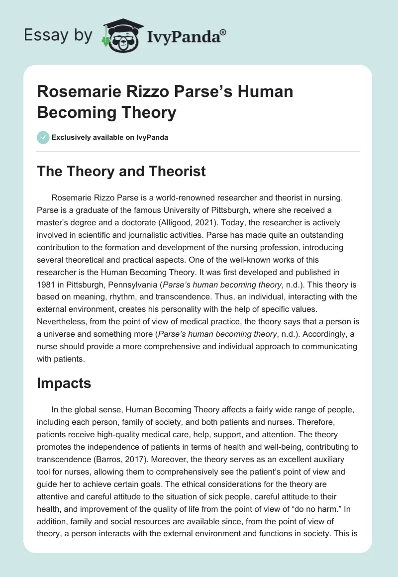 Rosemarie Rizzo Parse’s Human Becoming Theory. Page 1
