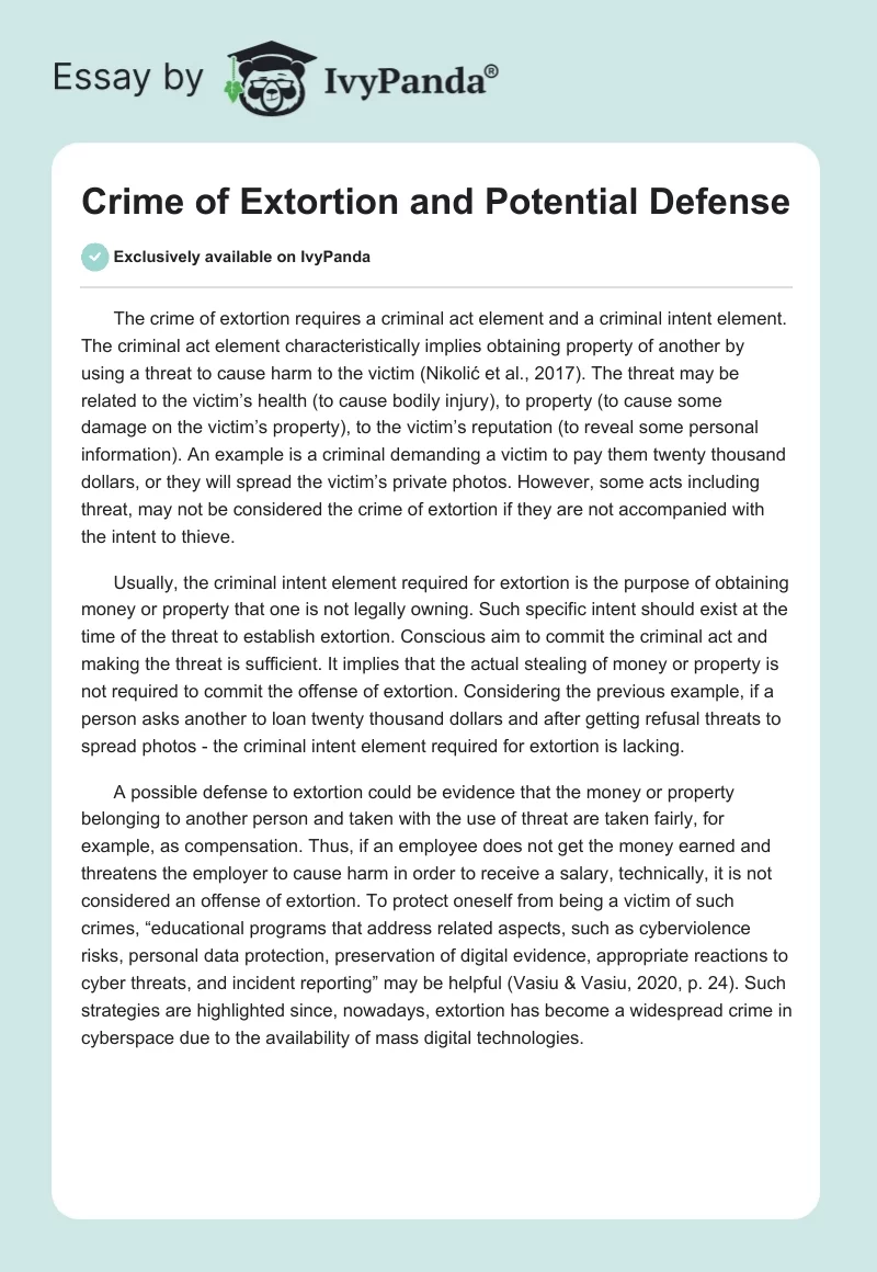 Crime of Extortion and Potential Defense. Page 1