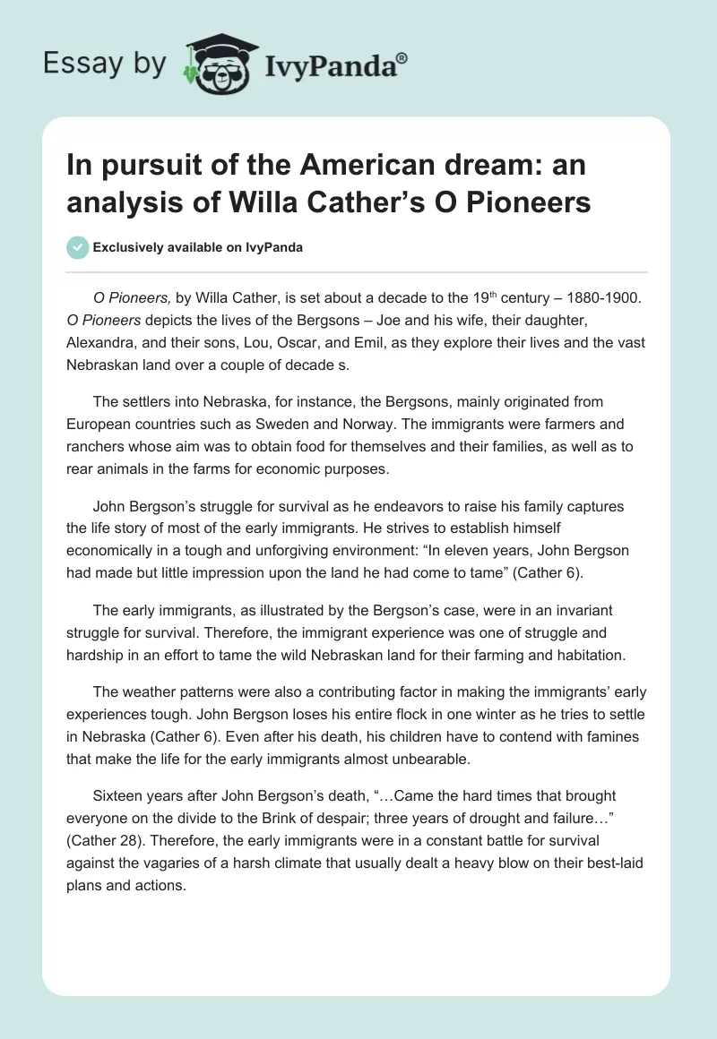 In Pursuit of the American Dream: An Analysis of Willa Cather’s O Pioneers. Page 1