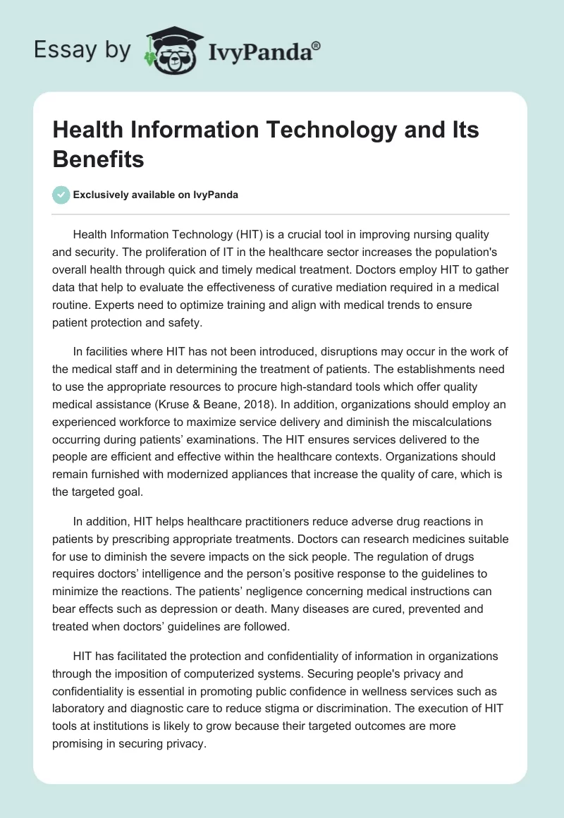 Health Information Technology and Its Benefits. Page 1