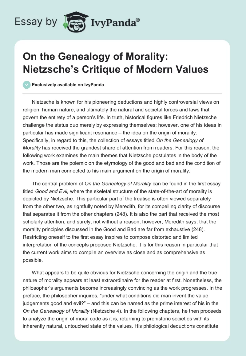 "On the Genealogy of Morality": Nietzsche’s Critique of Modern Values. Page 1
