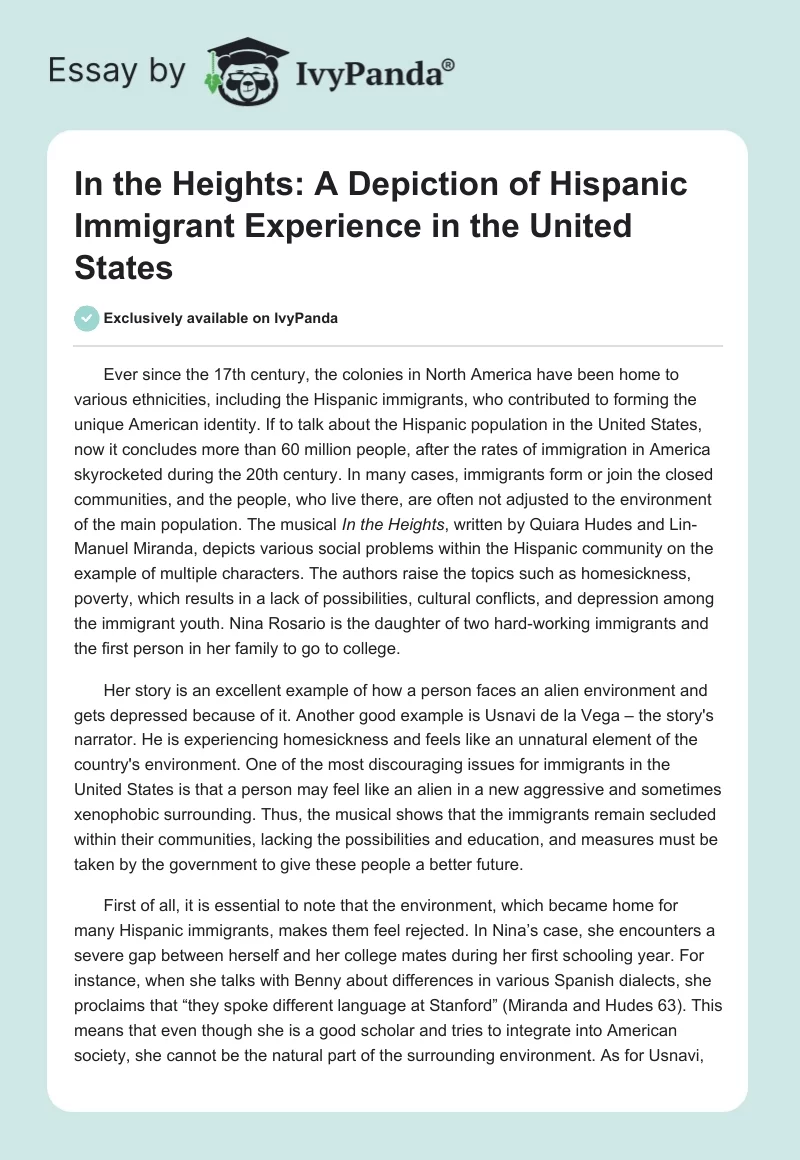 "In the Heights": A Depiction of Hispanic Immigrant Experience in the United States. Page 1
