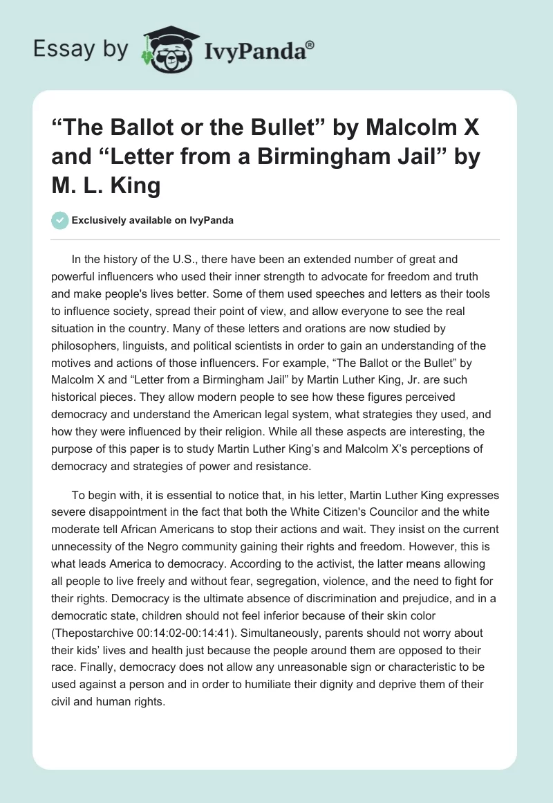 “The Ballot or the Bullet” by Malcolm X and “Letter from a Birmingham Jail” by M. L. King. Page 1
